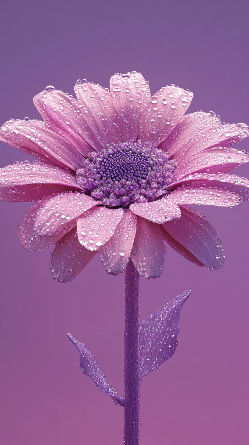 A huge purple pink daisy flower with water drops and a purple background, featuring a beautiful and amazing view.