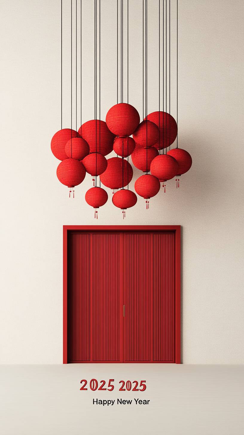 2025, a minimalist New Year theme image with ancient Chinese red lanterns and buildings.