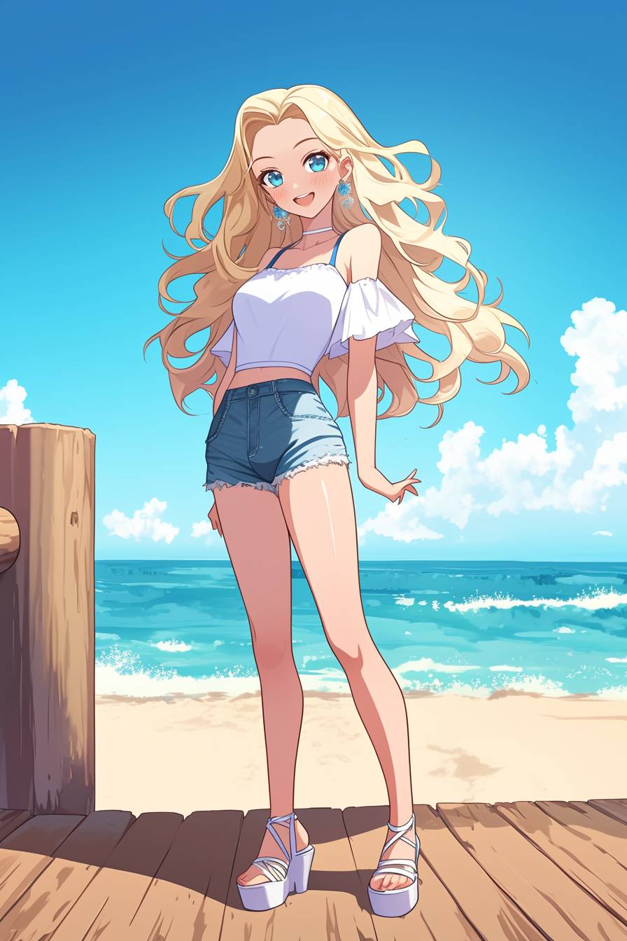 Sydney Sweeney's summer fashion, featuring a halter top, denim shorts, and platform sandals, styled like an anime girl with long blonde waves.