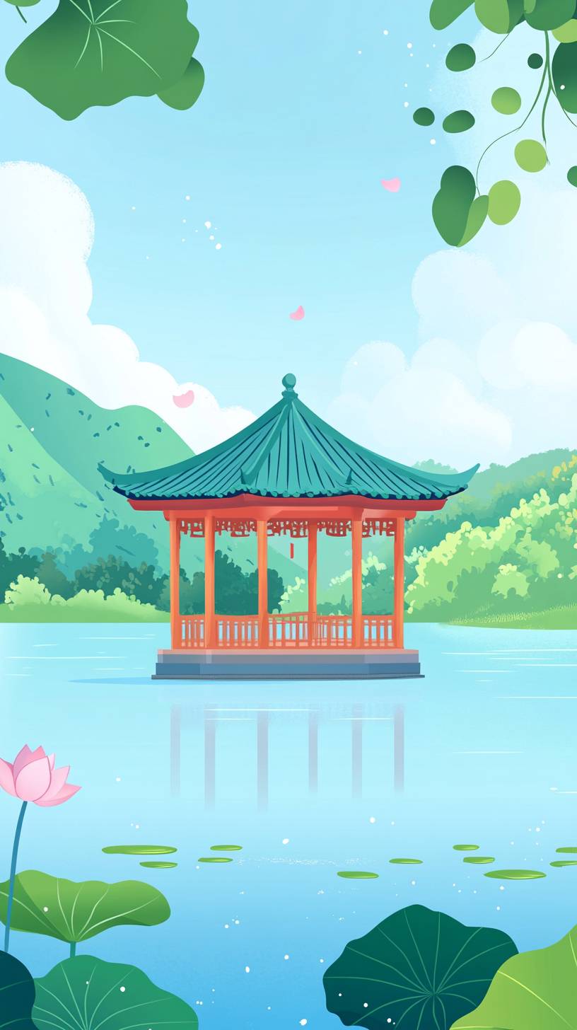 Spring scenery by the lake with a pavilion, blue sky, and simple children's illustration style.