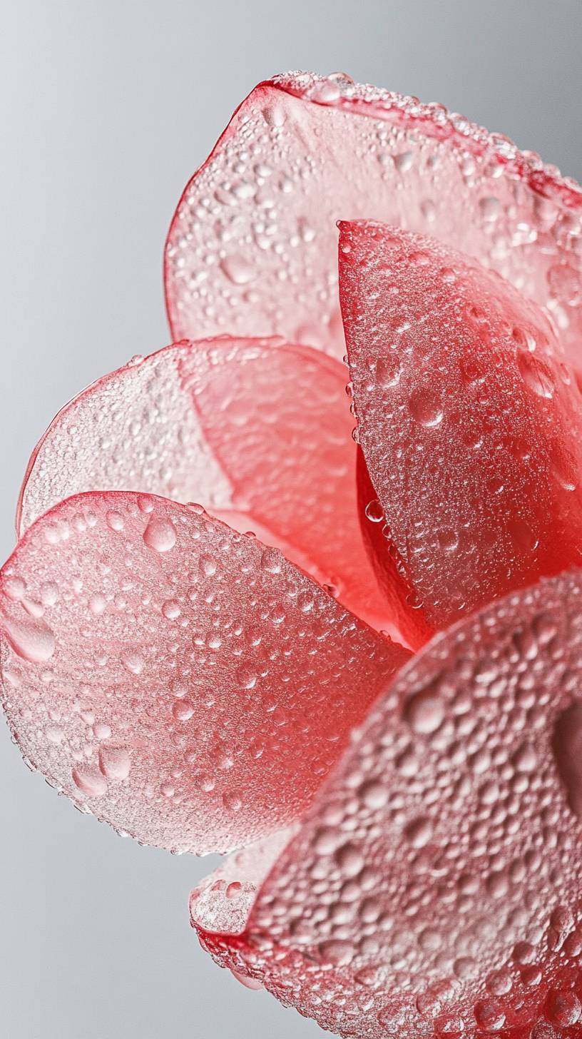 Die Makrofotografie zeigt eine Nahaufnahme einer halben Wassermelone, einer Lotusblume und eines Lotosblatts vor einem einfachen Hintergrund mit Wassertropfen.