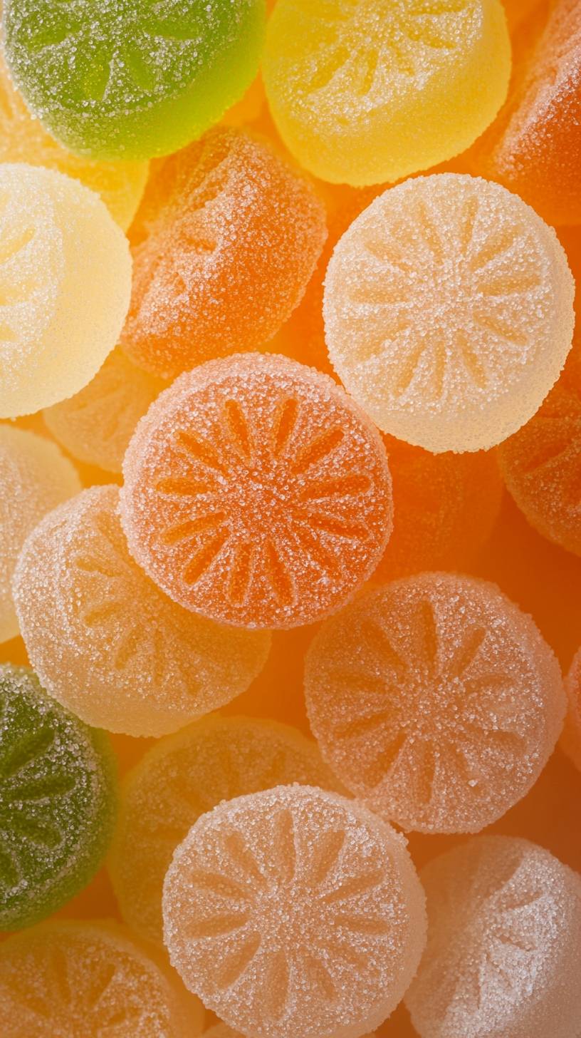 Sauer limonenorange-geformte Gummibärchen, halbkugelförmig und zuckerüberzogen, in Vogelperspektive.