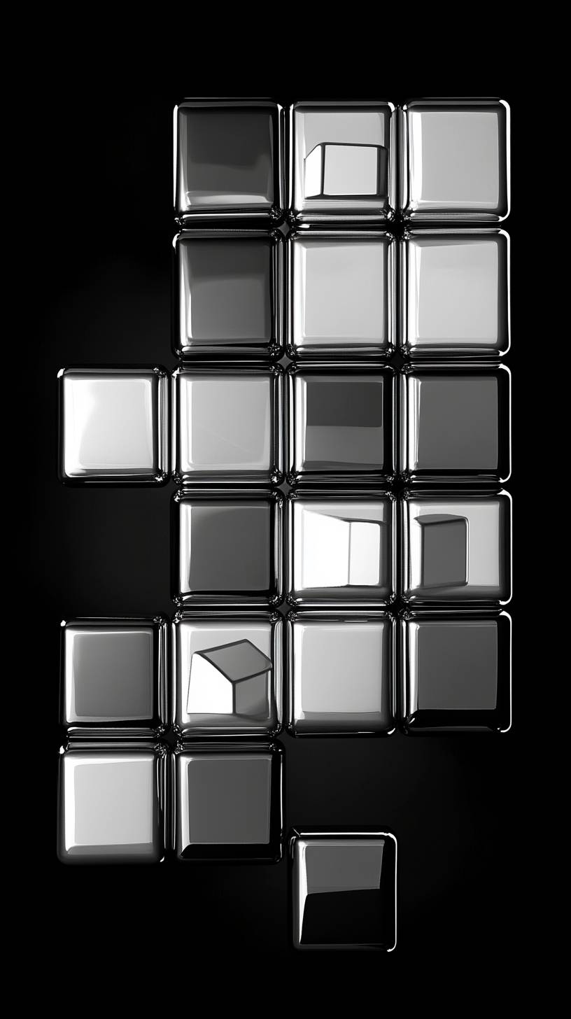 A black and white background themed around a retro Tetris game.