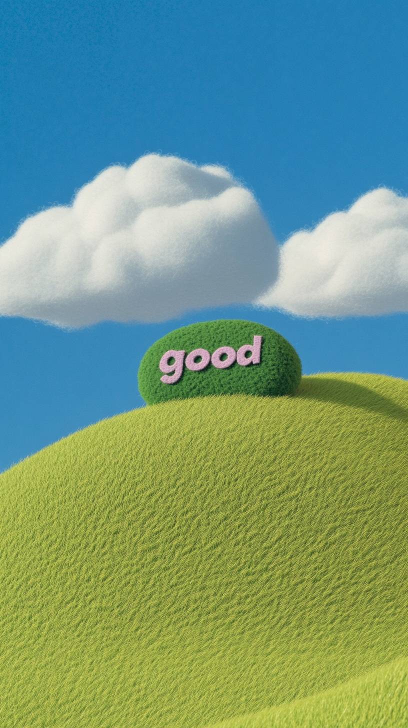 Blue sky and green grass with a felt logo of the word 'good' on top and cute clouds in the background.