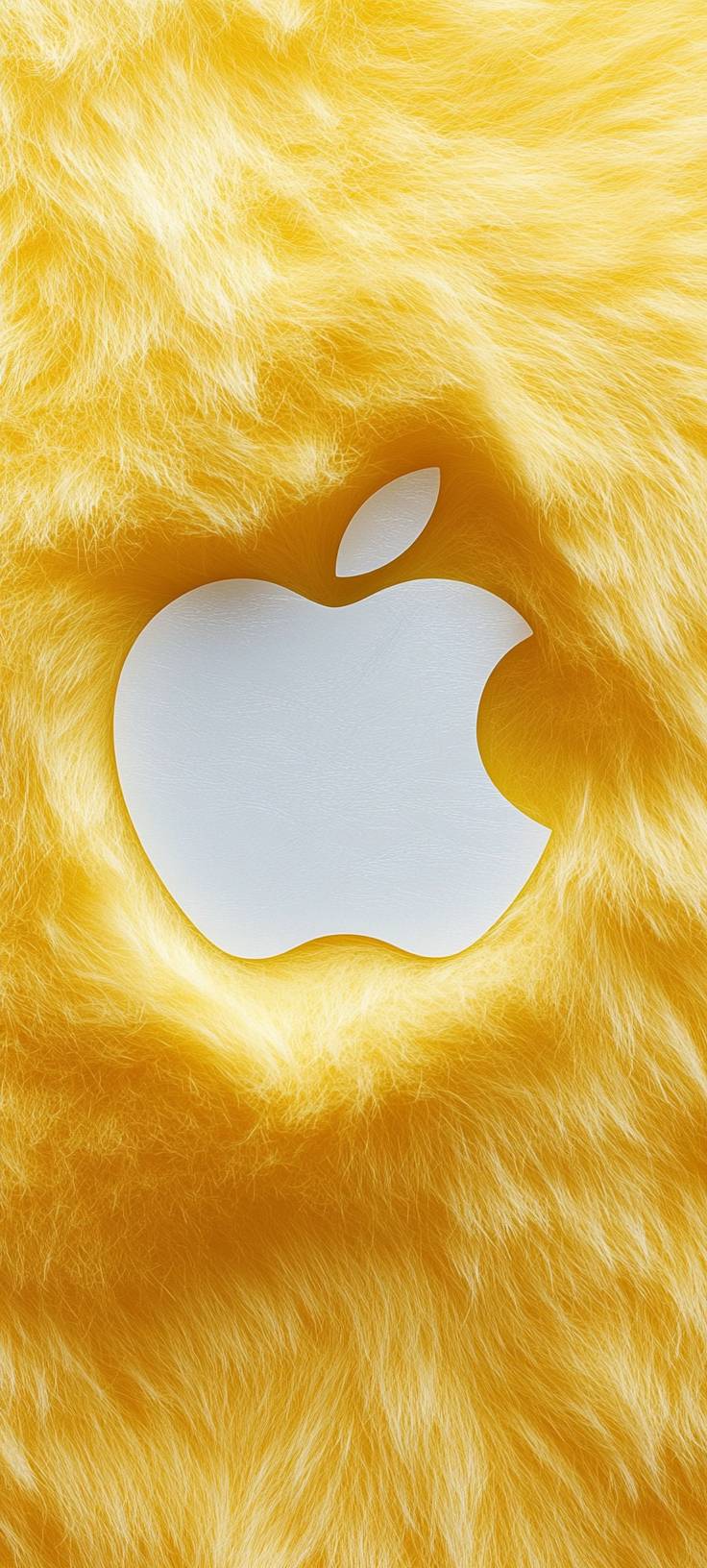 White furry Apple logo on a yellow background, an apple-themed wallpaper.