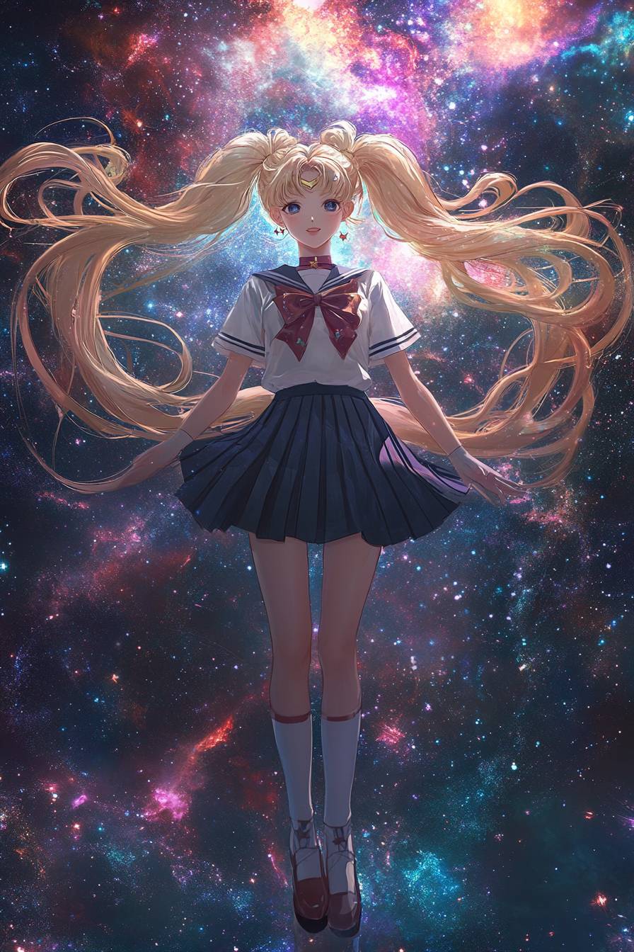 Fille d'anime inspirée de Sailor Moon avec de longues couettes blondes, uniforme scolaire, jupe plissée, bottes hautes, fond cosmique