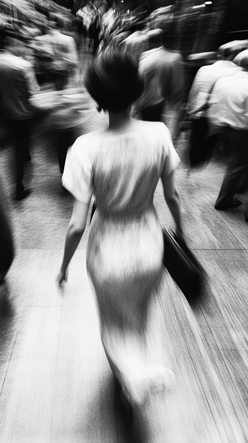 Una mujer elegante con ropa moderna camina entre la multitud.