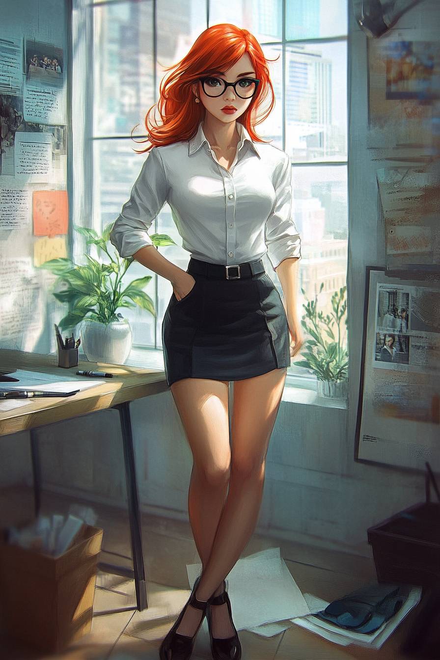 Makima's fashion: anime girl with red hair, business casual, white button-up, knee-length skirt, glasses, oxford shoes, modern office suitable.