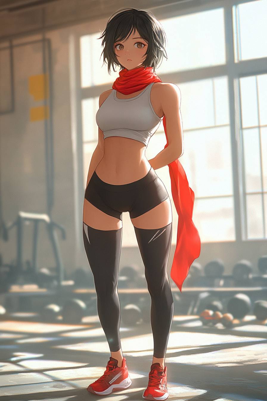 Mikasa Ackerman Stil, ein Anime-Mädchen mit kurzen schwarzen Haaren in Sportkleidung und einem roten Schal, in einer städtischen Fitnessumgebung.