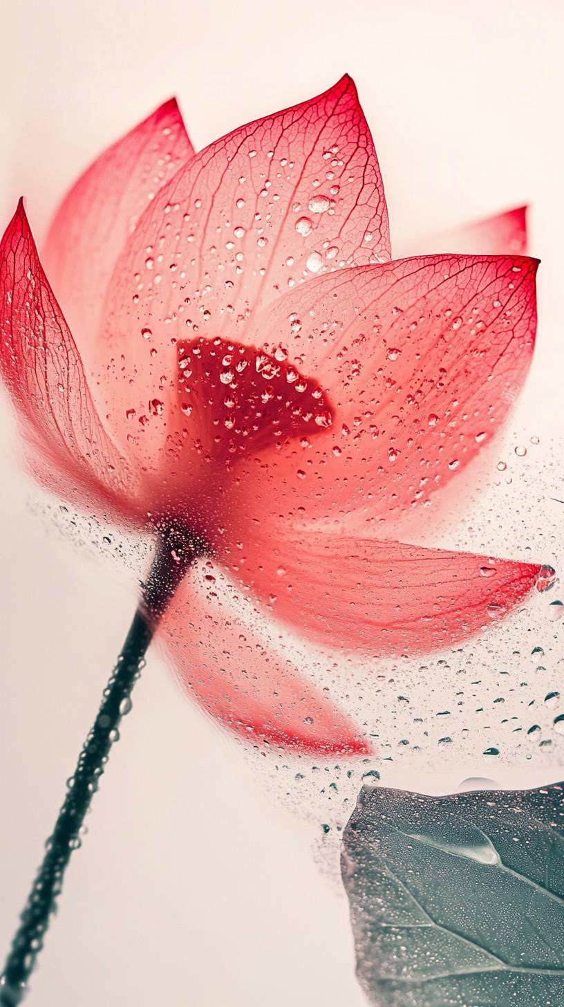 Nahaufnahme eines Röntgenbilds einer halben Wassermelone auf weißem Hintergrund mit Wassertropfen, Lotusblume und Blatt, verschwommener Frostglas-Effekt.