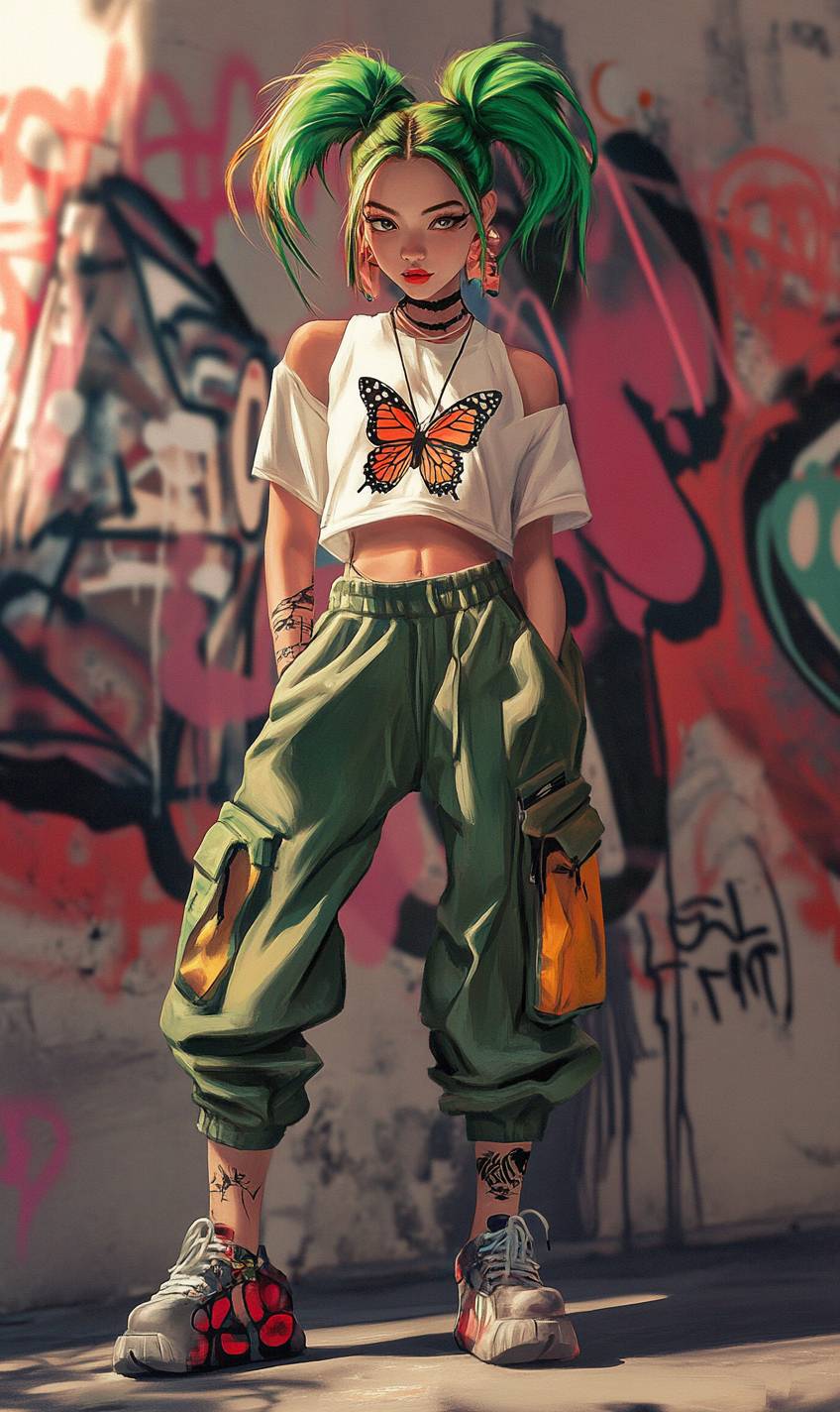 Garota de anime inspirada em Jolyne Kujo, com coques verdes, estilo esportivo, camiseta com estampa de borboleta, calças cargo, tênis de plataforma, parede de grafite