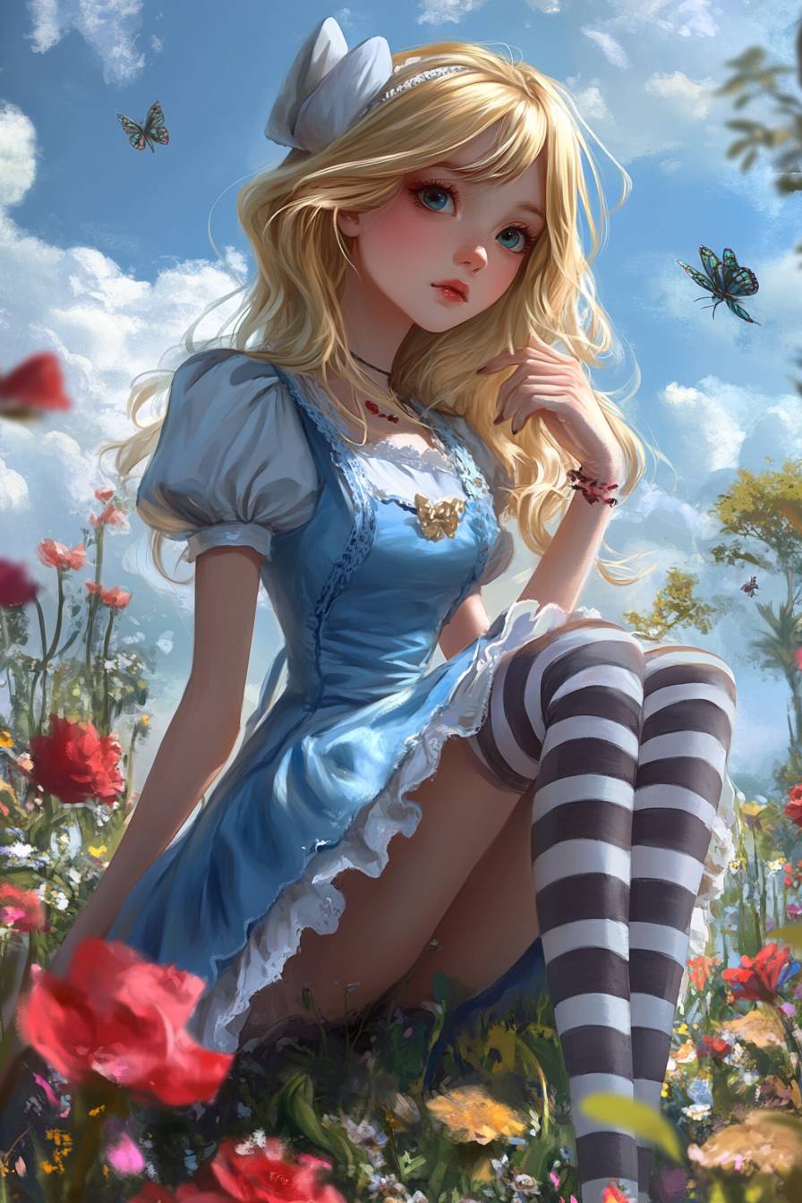 Fille d'anime dans le style d'Alice avec des cheveux blonds, une robe bleue à bretelles, un tablier blanc, des bas rayés et des chaussures Mary Jane dans un jardin fantastique.