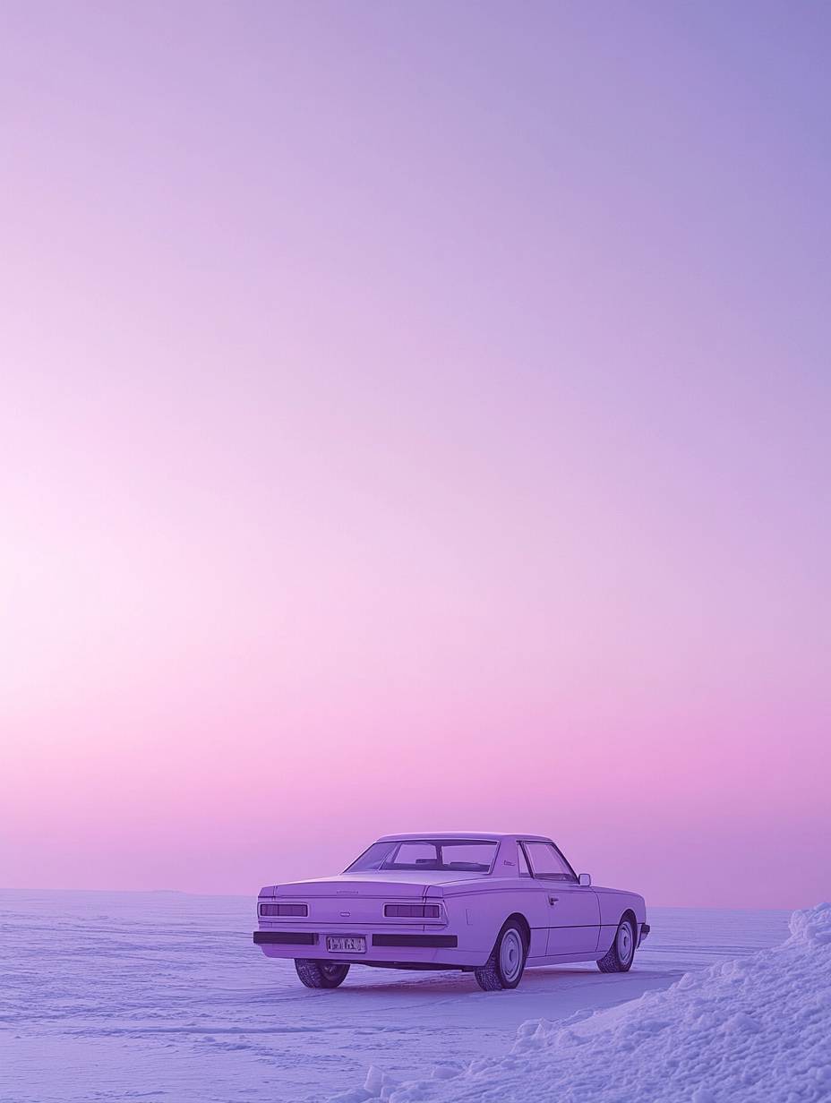 Une voiture violet clair garée sur une vaste étendue de neige, avec des lignes abstraites et des flocons de neige volant en arrière-plan.