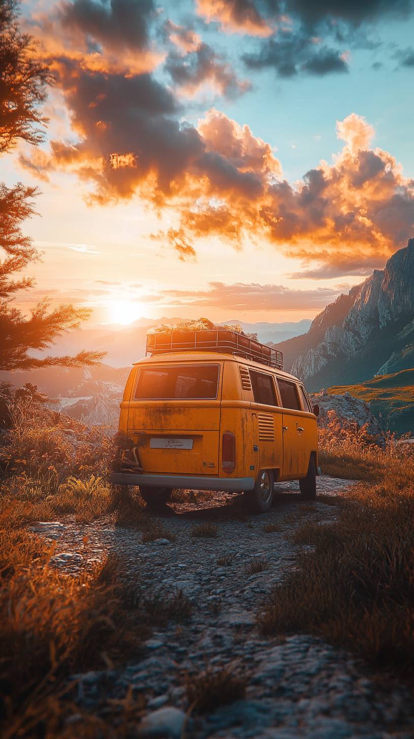 Bob is lying on top of a van, facing a beautiful sunrise landscape.