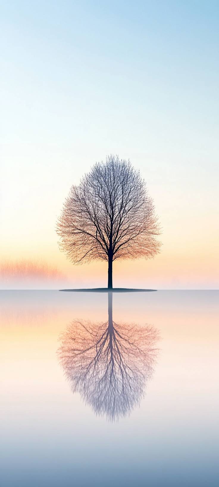 Ein einsamer Baum steht in der Mitte mit seinem Spiegelbild darunter, vor einem beruhigenden Farbverlauf von Orange, Gelb und Blau.