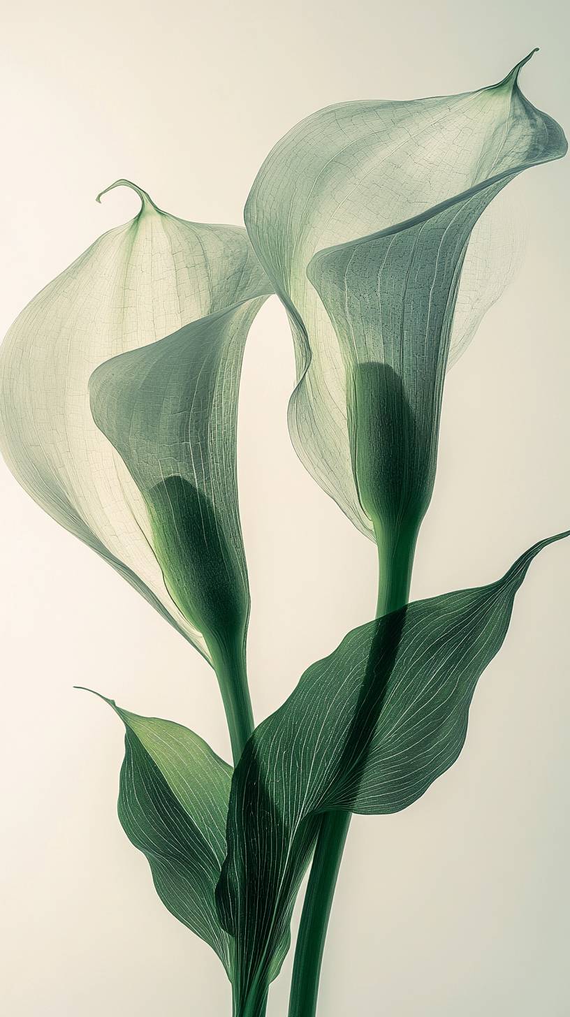 An 8K macro photograph showcasing the crossing calla lily rhizomes on a white background with random light spots.