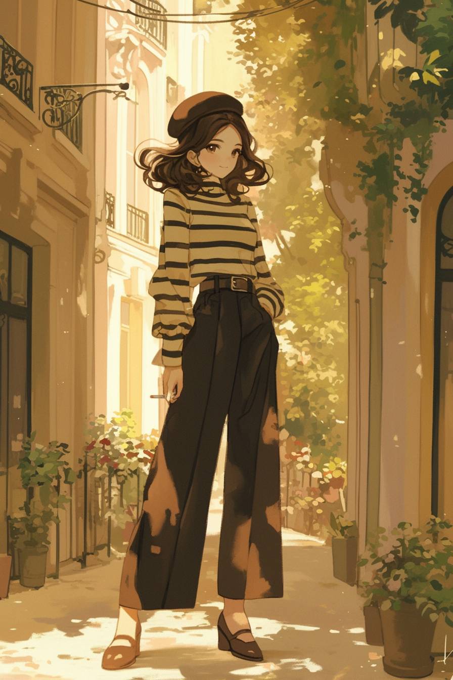 Lily Collins' fashion, anime girl with dark brown hair in a striped boat neck top, high-waisted pants, ballet flats, and beret on the streets of Paris.