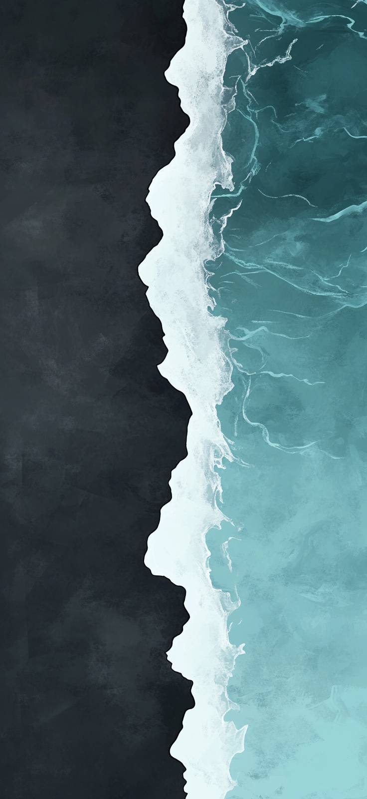 Abstract digital drawing, half dark grey sand beach, half translucent cyan sea wave, vertical drone view.