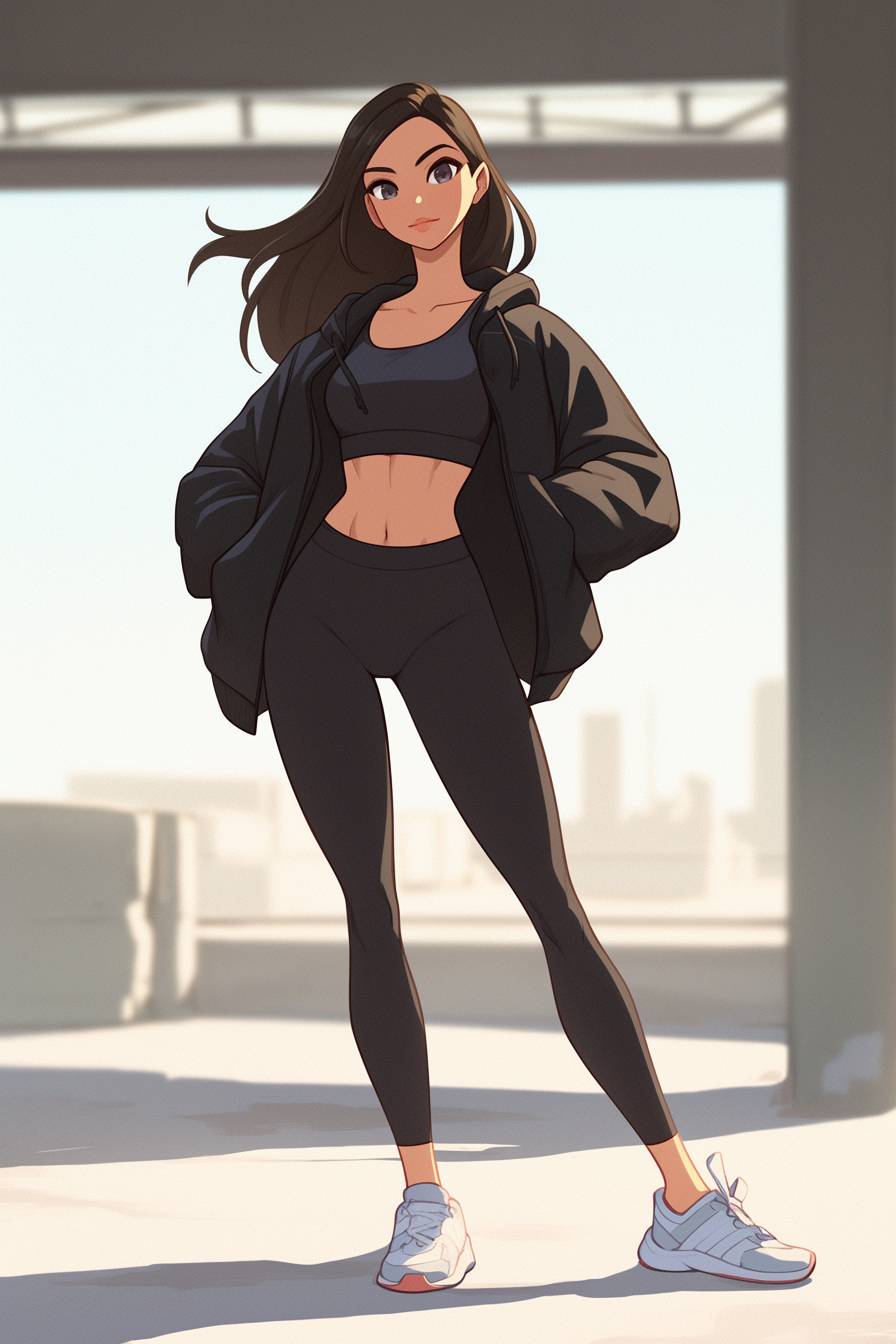 Chica anime al estilo de Gal Gadot, con pelo largo y oscuro, ropa deportiva, sudadera corta, leggings, zapatillas de correr, fondo de entrenamiento.