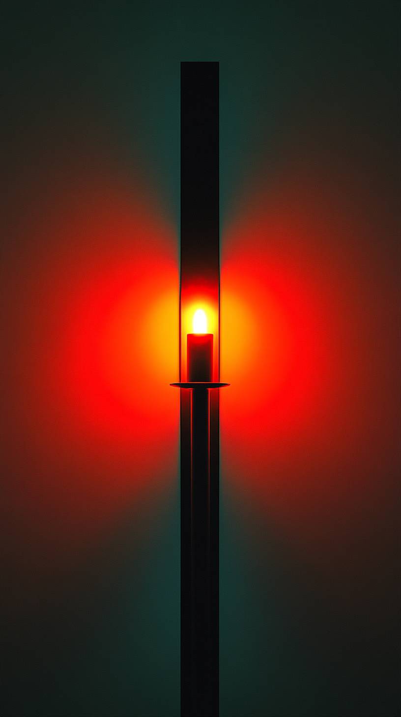 Candlelight installation in futuristic minimalism with red light, light azure, and orange, symmetrical photography. 