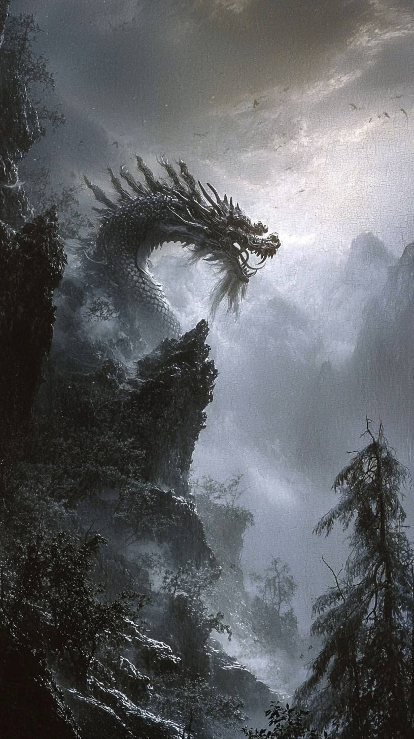 Un dragón chino en la niebla, misterioso y realista.