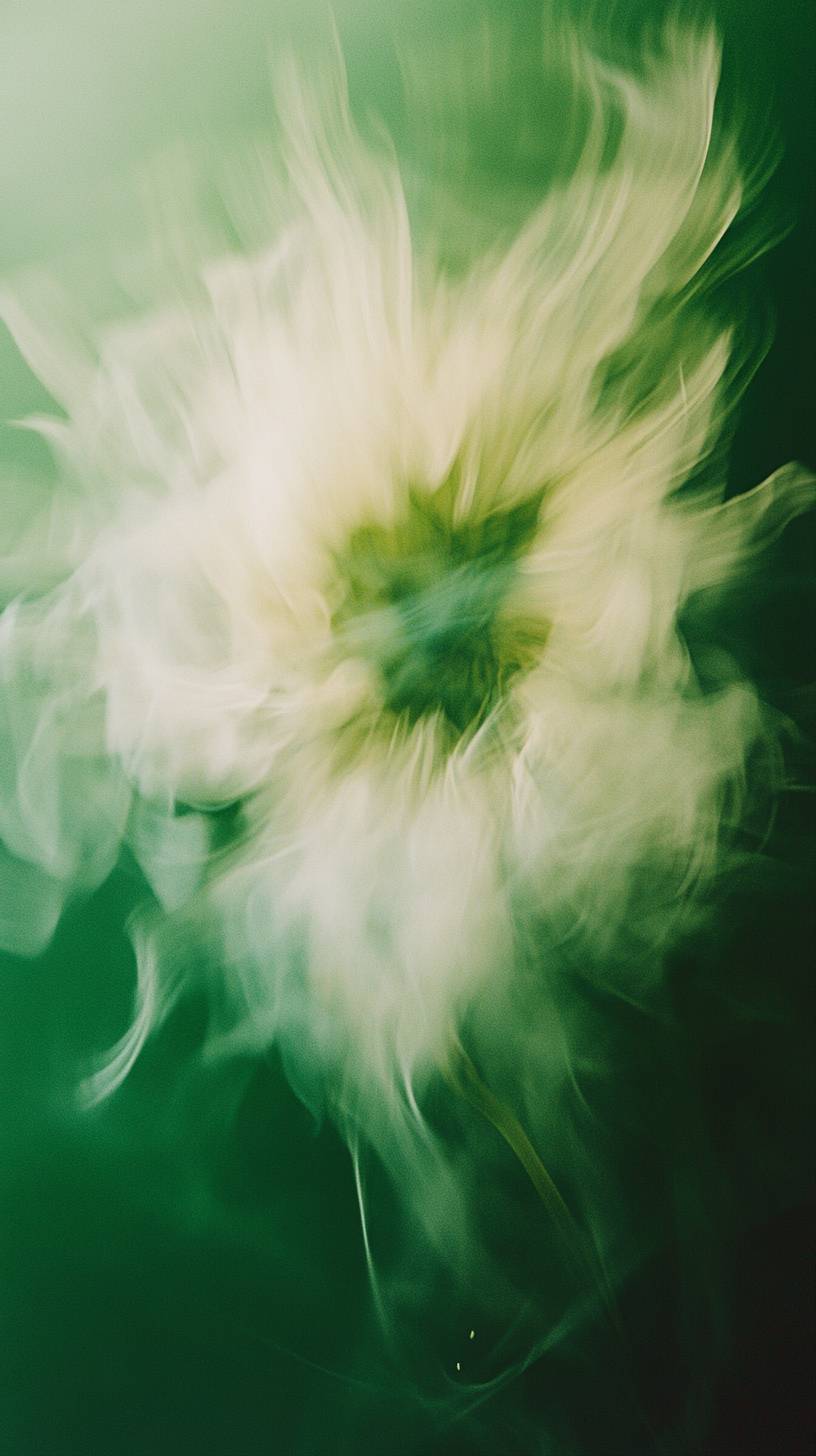 A blurred sunflower moving against a gradient green background, shot in the style of Peter Lindbergh.