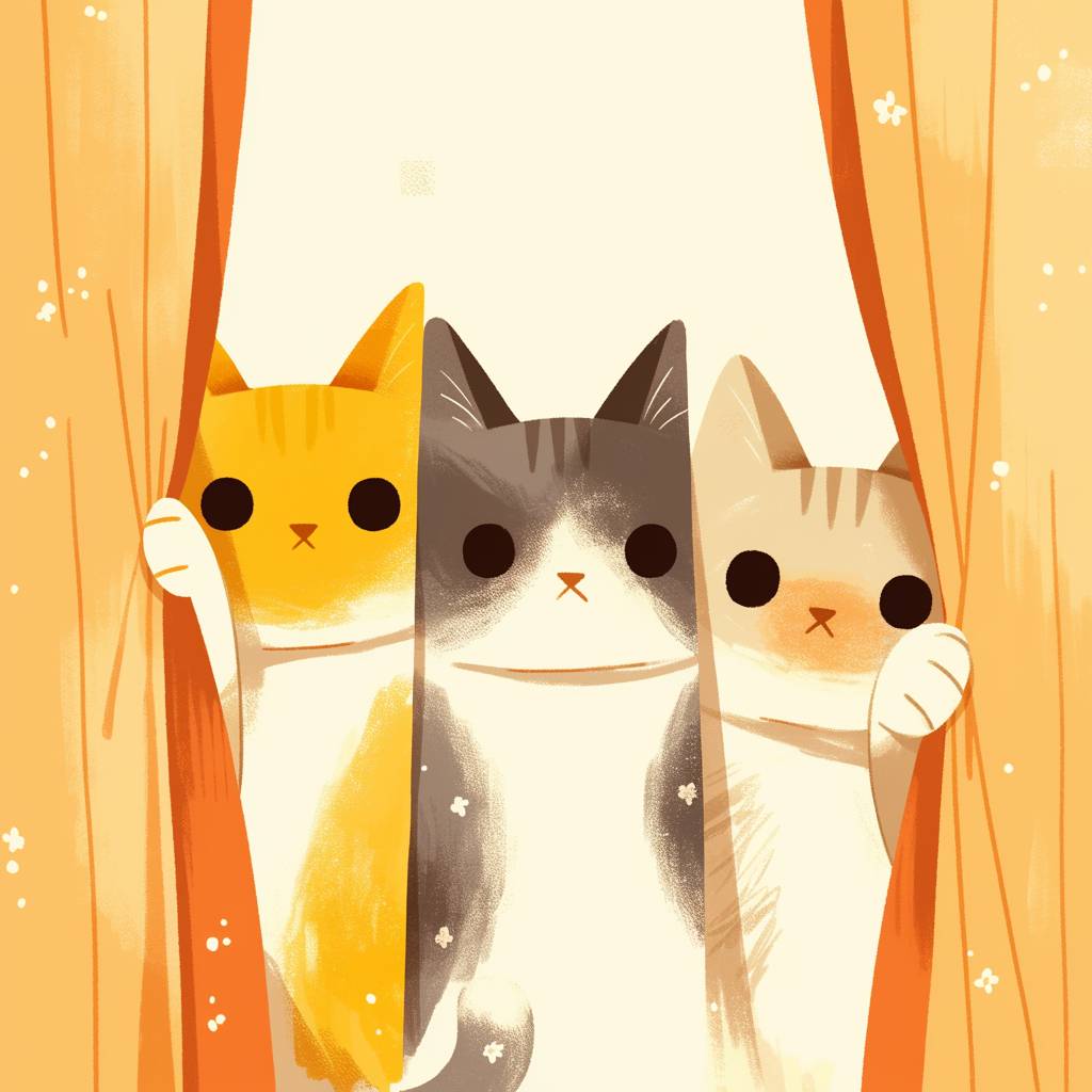 A simple cat hiding behind a curtain in three solid colors: gold, white, and gray; minimalist and stylish.