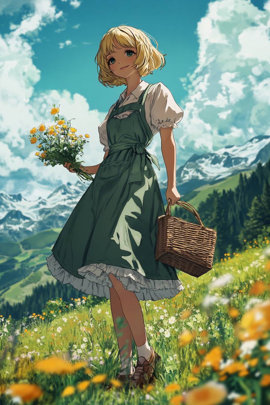 Garota de anime inspirada em Maria de 'A Noviça Rebelde', com cabelo curto loiro, vestido dirndl, avental e sapatos mary jane em um prado alpino.