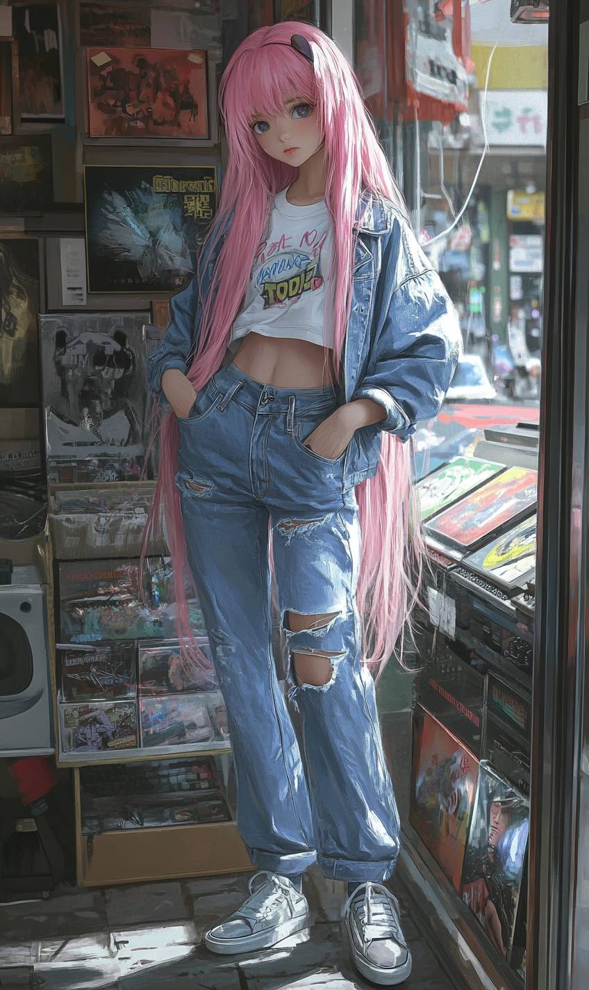 Anime girl with long pink hair in street fashion, wearing a graphic tee, loose jeans, a denim jacket, and canvas shoes, in a record store.