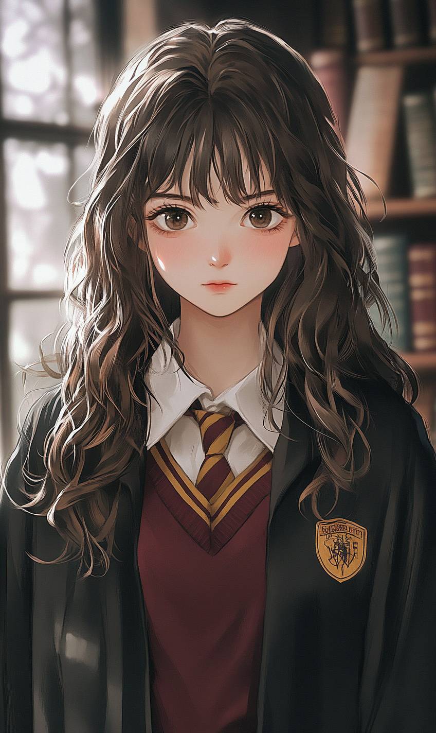 Moda de Hermione Granger, garota de anime com cabelo castanho espesso, uniforme de Hogwarts, biblioteca mágica