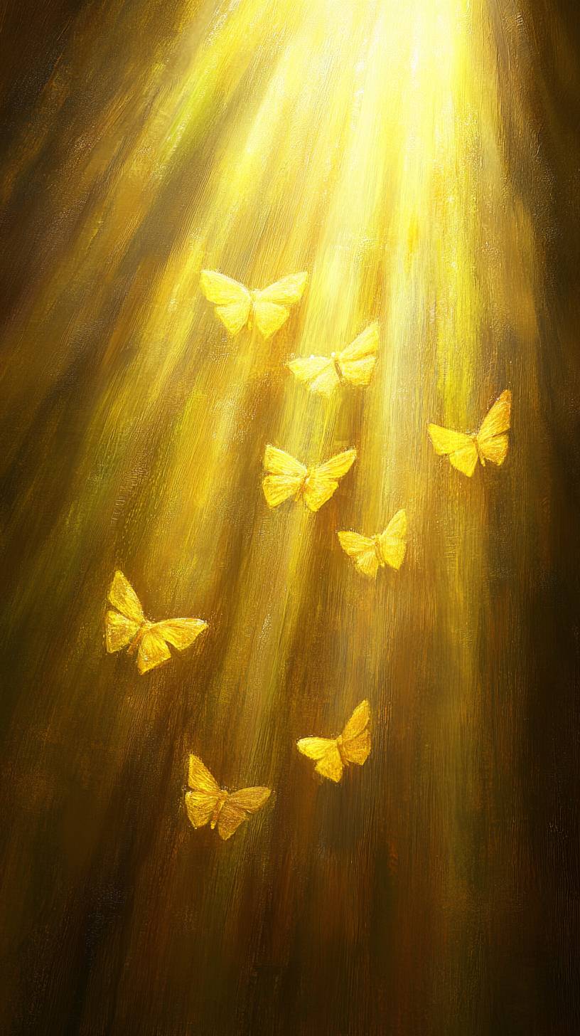 Mesmerizing gold butterflies are raining down, embodying chaotic beauty.