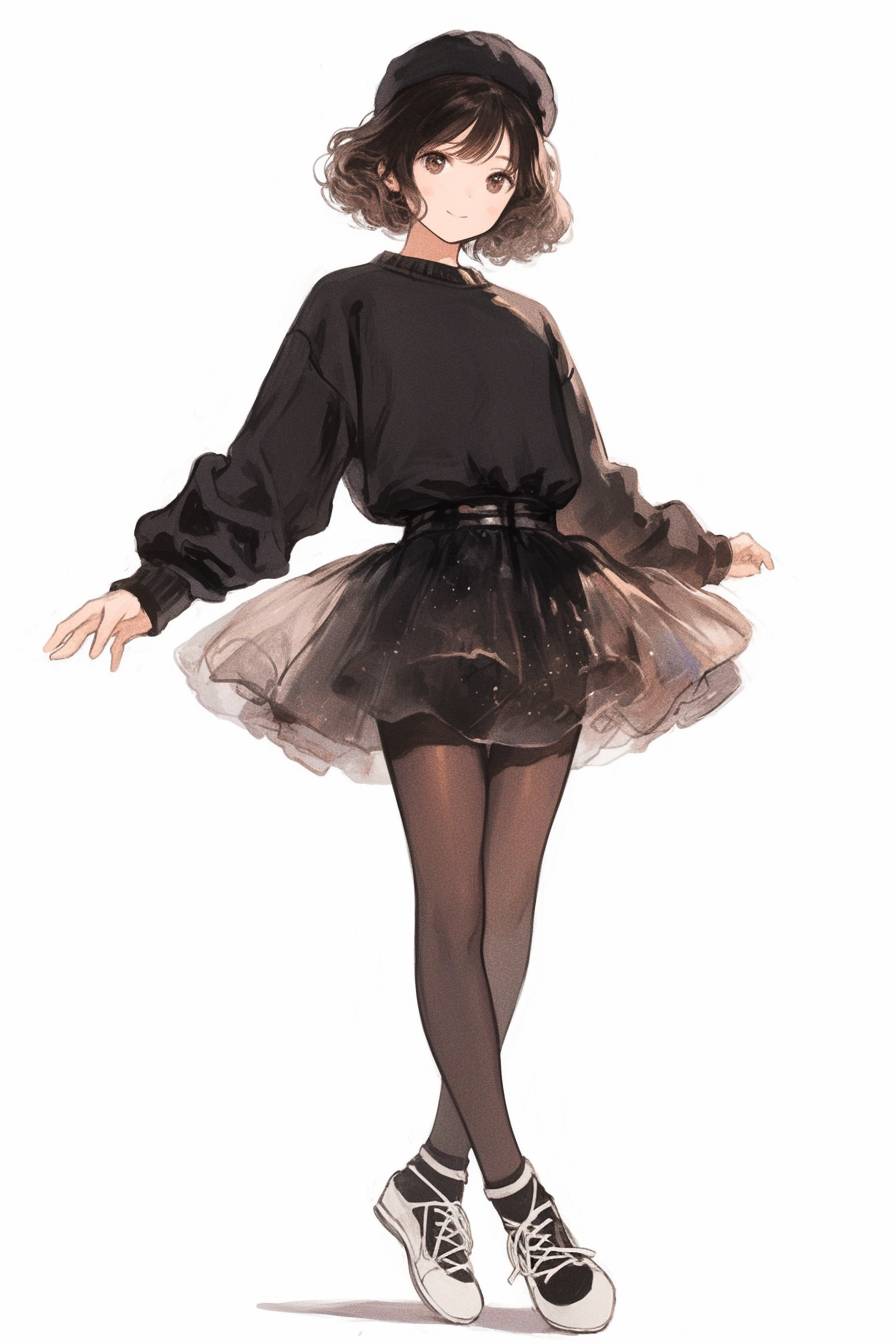 Anime girl inspired by Margaret Qualley, with short brown hair and ballet-style attire.