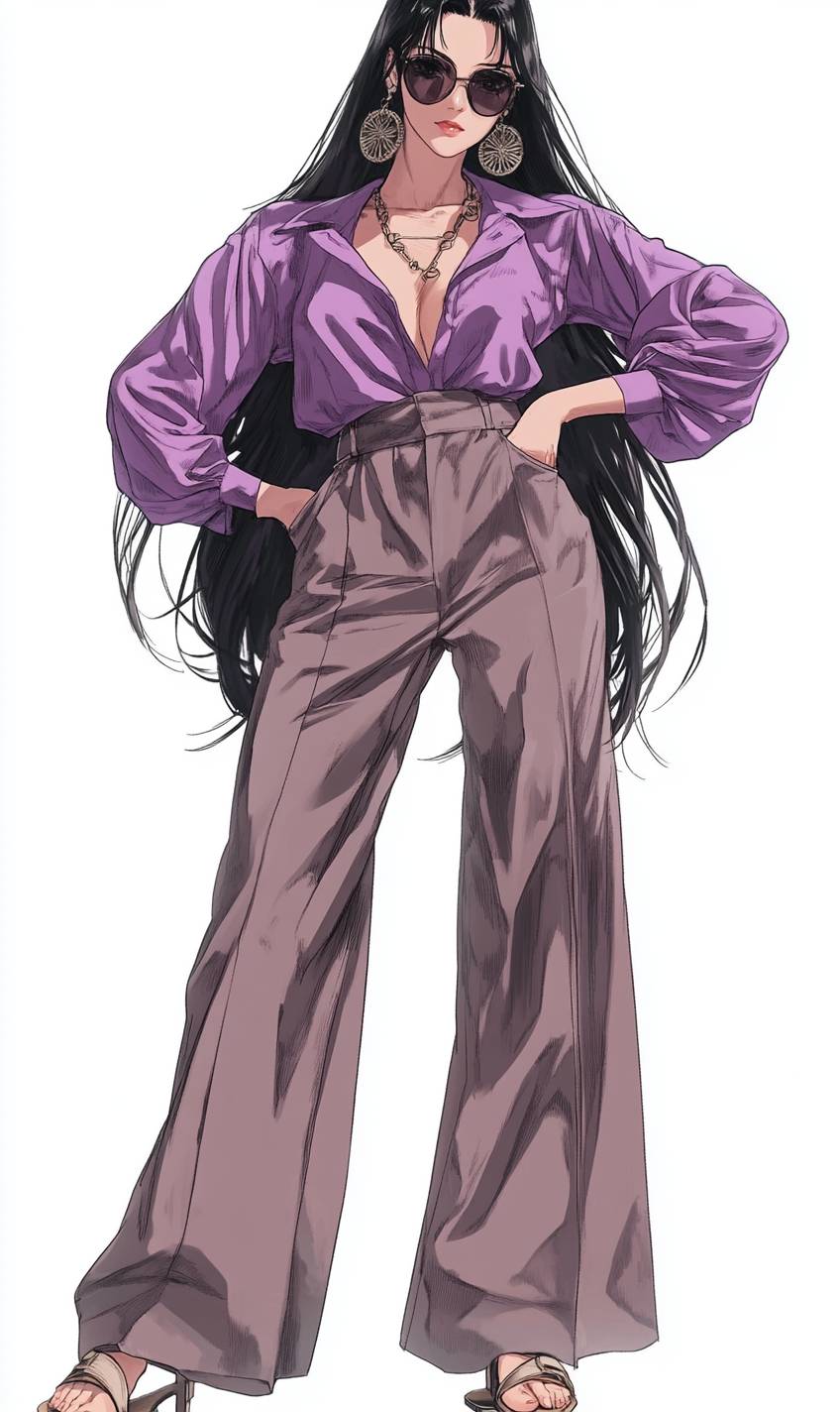 Nico Robin's fashion features a purple blouse and wide-leg pants, perfect for a beach cafe.