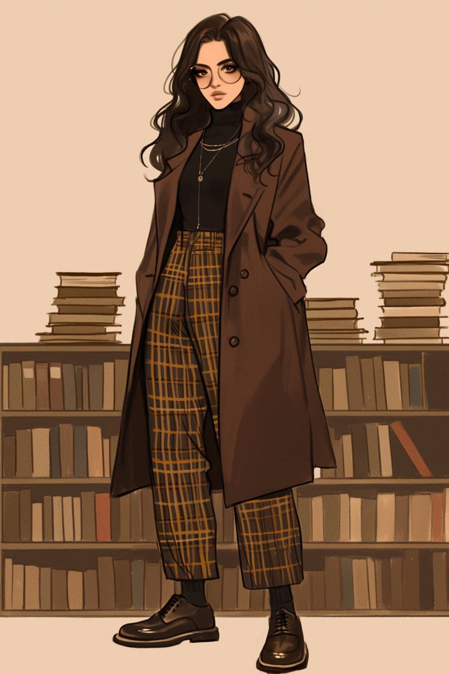 A moda de Katherine Langford: menina de anime com longas ondas escuras, academia escura, blazer de tweed, gola alta, calças xadrez, sapatos oxford, biblioteca