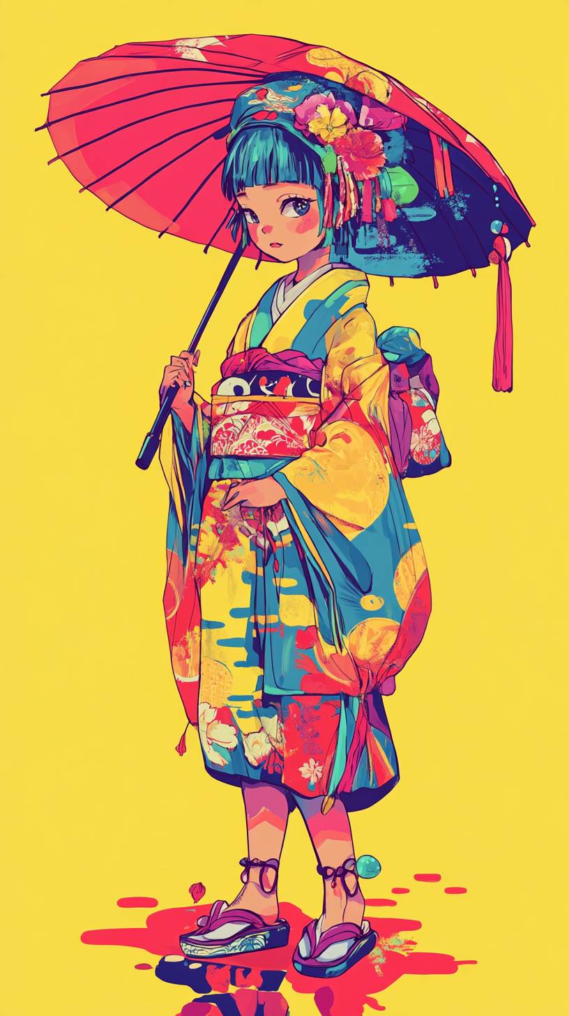 Cute characters in vibrant and bold colors inspired by Japanese illustrator Awaiwaiwai.