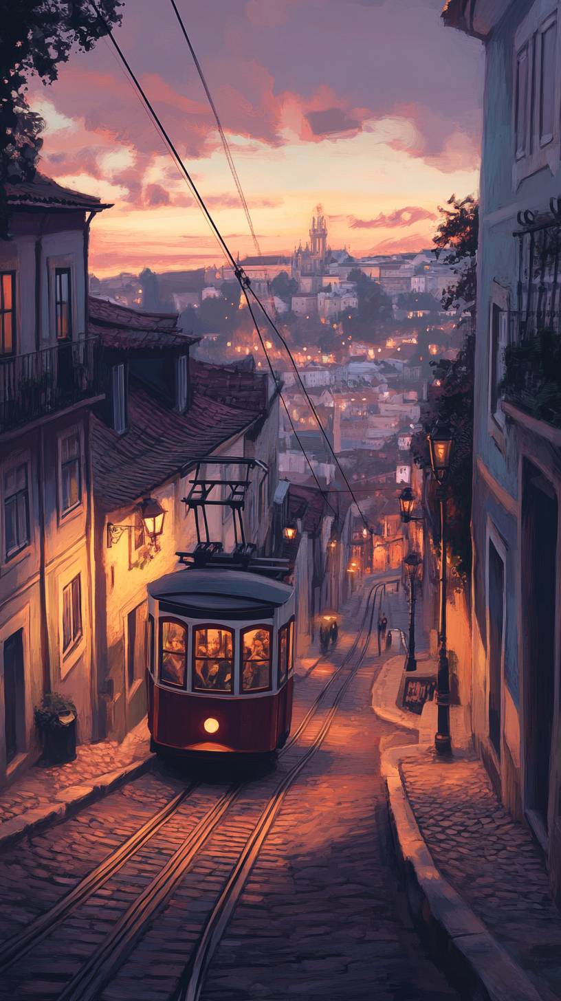 A cozy alley in Portugal at dusk with a warm glow and an approaching cable streetcar.