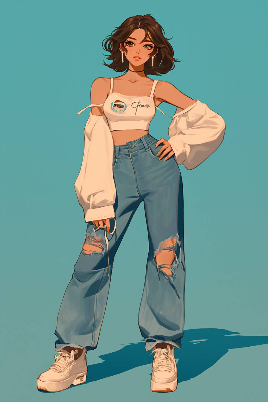 Garota de anime inspirada em Millie Bobby Brown com cabelo castanho curto, usando um cropped, jeans mom e tênis plataforma.