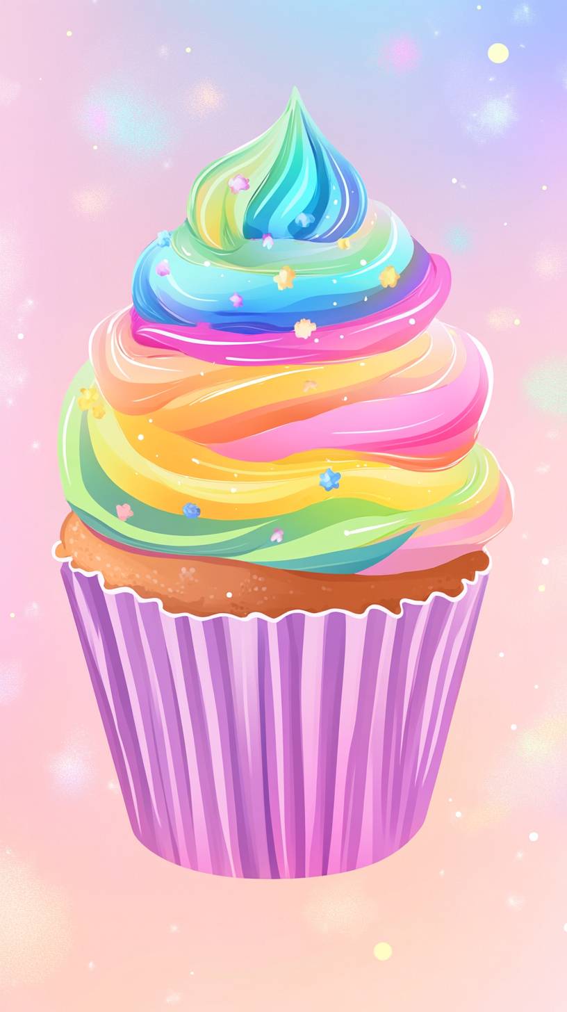 Ein schönes Bild von einem Regenbogen-Cupcake in Pastellfarben vor einem hellen Hintergrund.