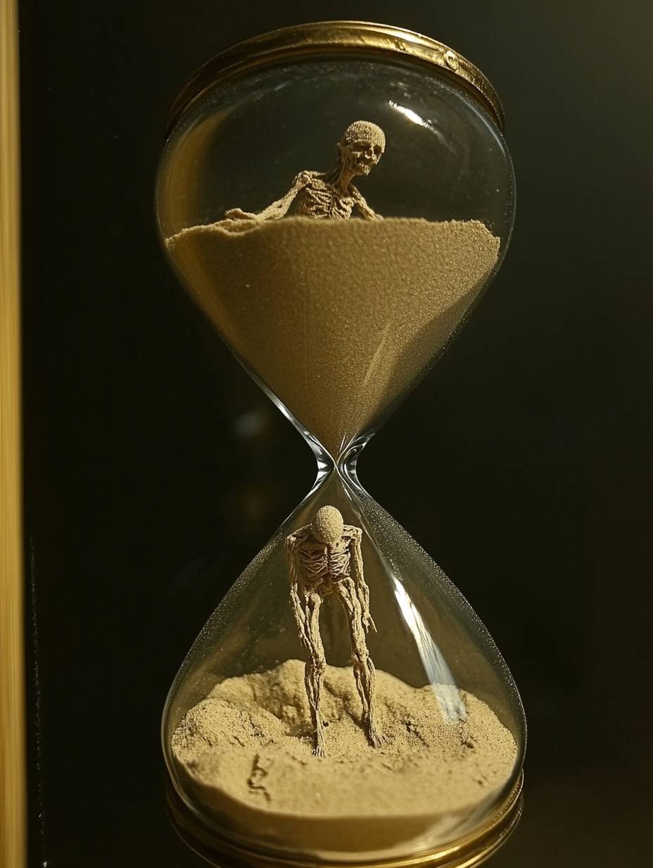 Eine aus Sand gemachte Person in einer Sanduhr verliert ihr Leben, während der Sand nach unten fällt.