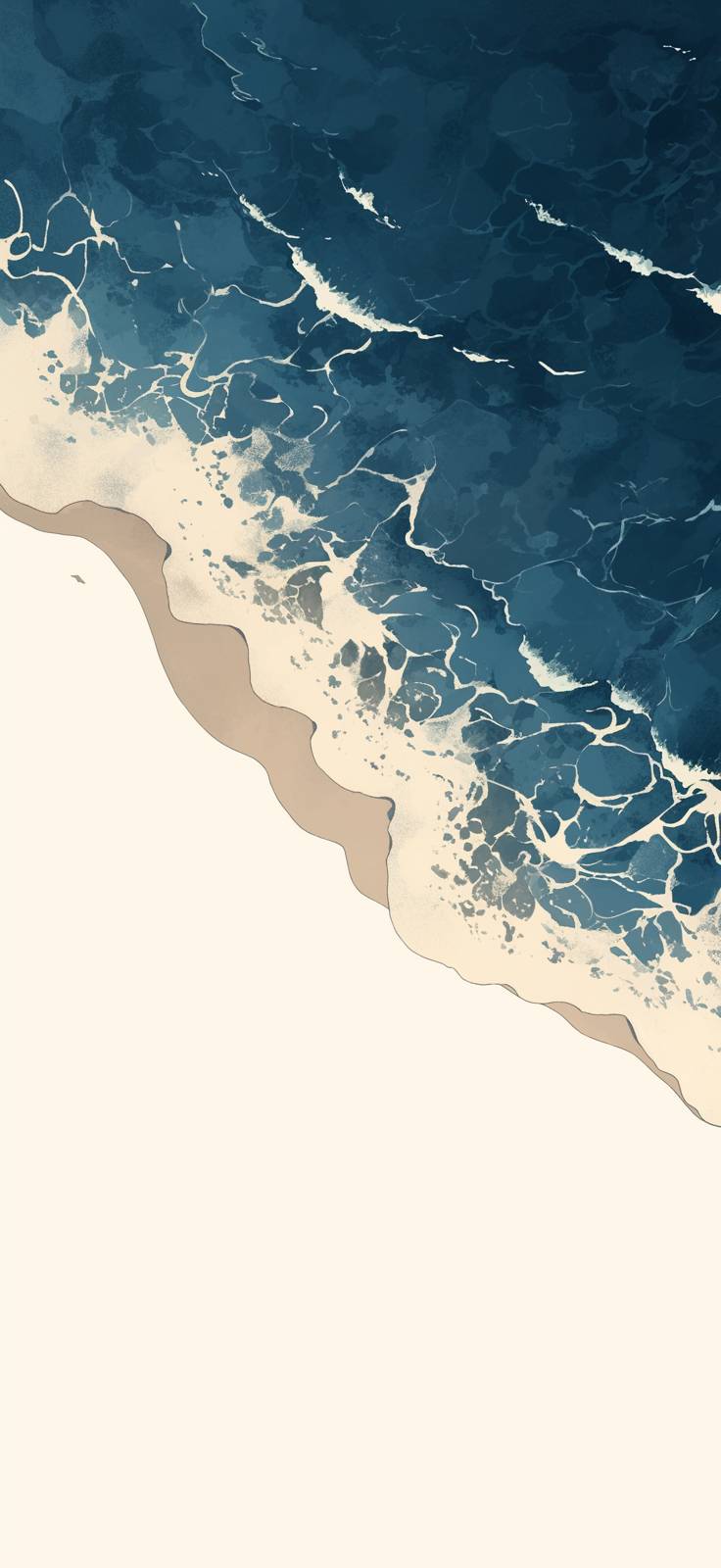 Design minimalista plano, close-up da borda onde a areia encontra a água em uma praia vazia em tons de azul escuro e cinza, ondas rolando sobre a borda com espuma branca