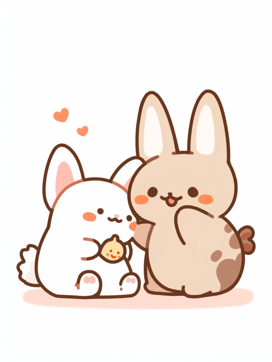 Cute line drawing cartoon of a rabbit and a cat, clean background, animation style stickers.