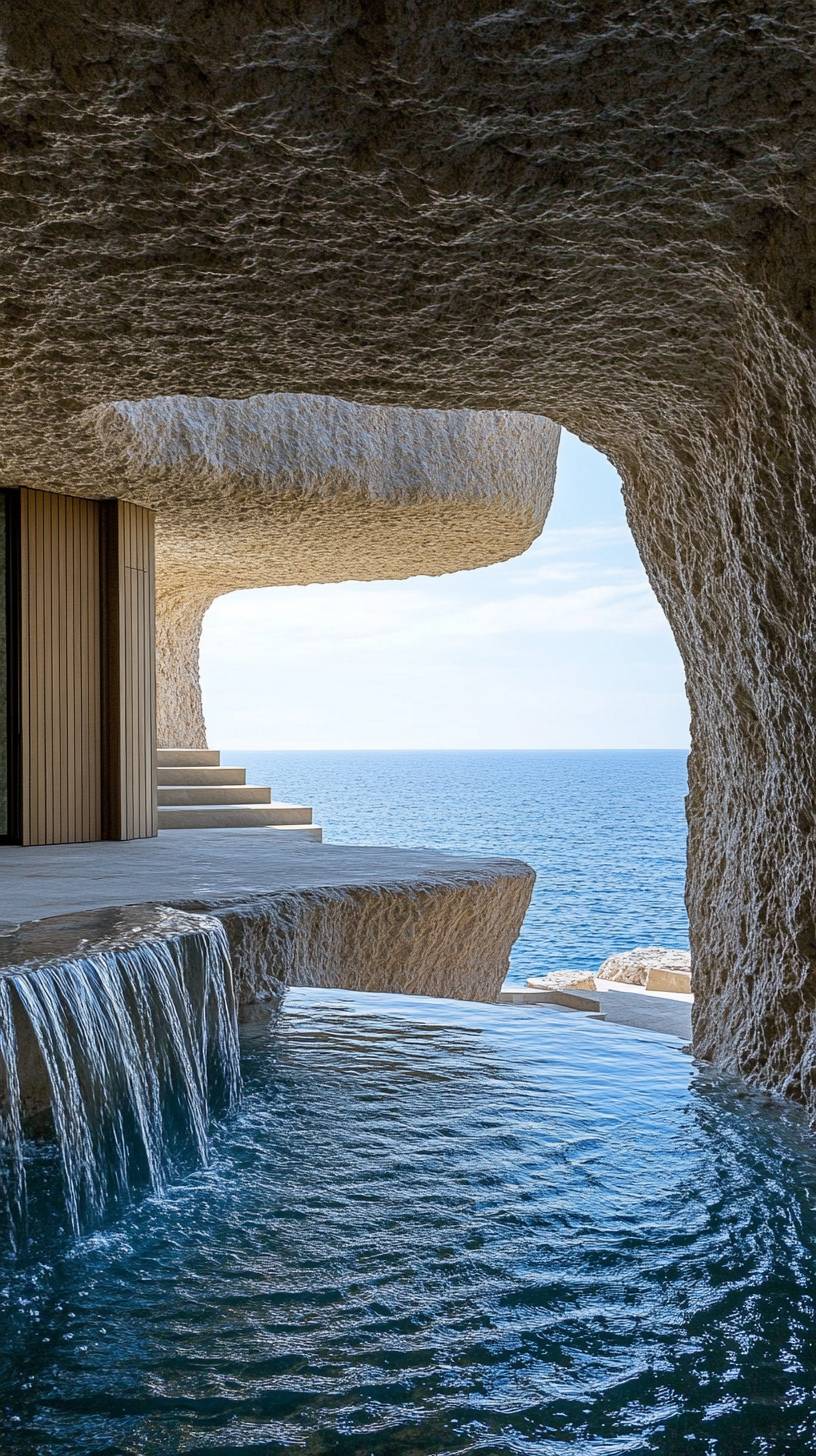 This is a limestone villa with sliding windows and timber screens, featuring an infinity edge pool and a rooftop waterfall, located on a cliff in Provence facing the Adriatic Sea.