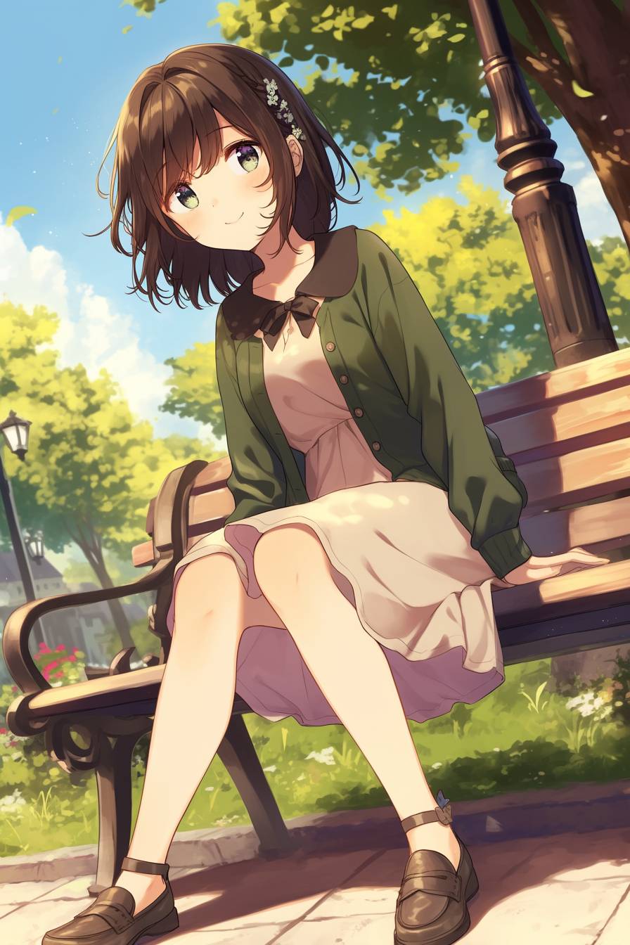 Anime girl inspired by Anna Kendrick with dark brown hair, wearing a cute casual Peter Pan collar dress, cardigan, and ballet flats.