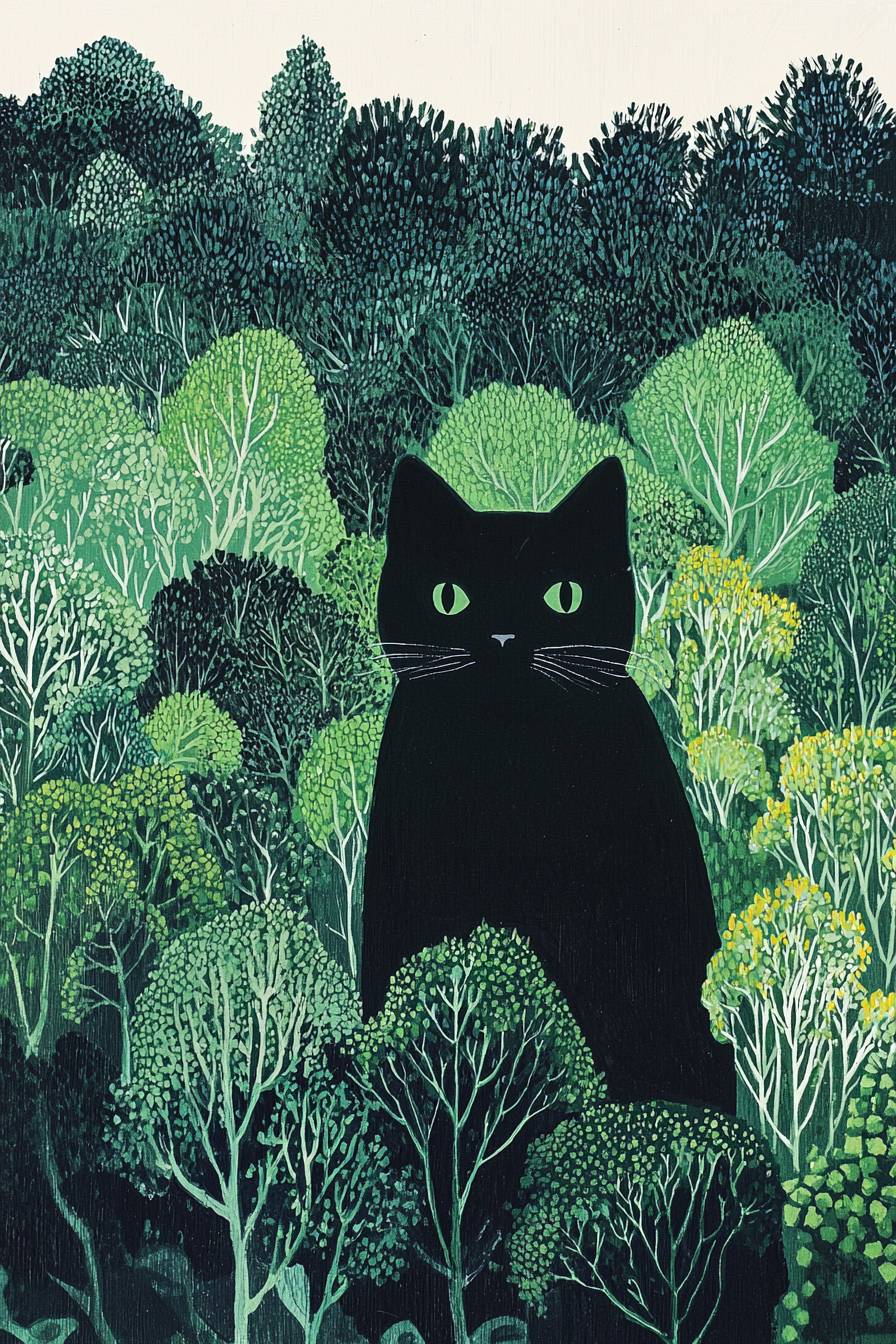 Eine schwarze Katze in einem Garten aus Brokkoli, beeinflusst von David Hockneys Stil, Surrealismus.