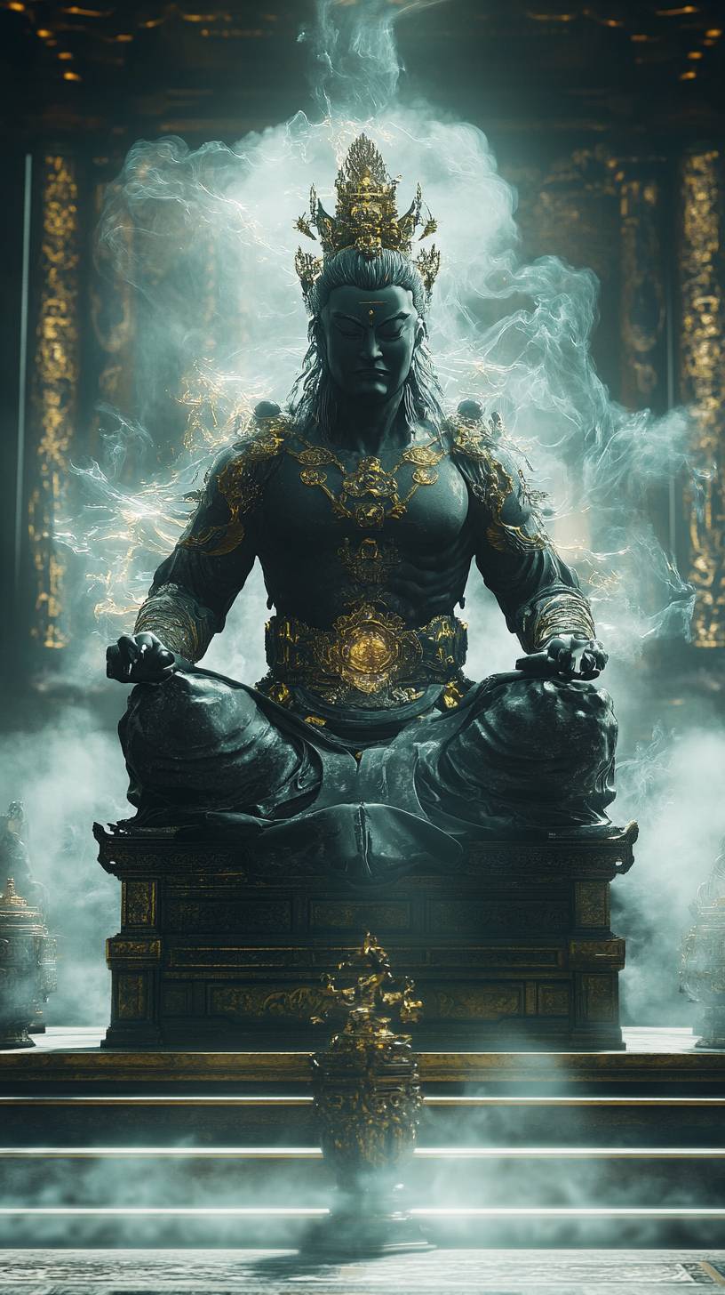 A black jade statue of Tai Sui with golden armor, facing the camera, alongside a Chinese cultivator with his back turned, surrounded by a mystical aura.