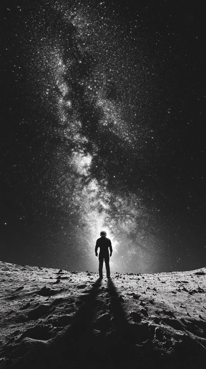 A NASA astronaut stands on the Moon, gazing at Earthrise, with the Milky Way stars stretching across the dark void.