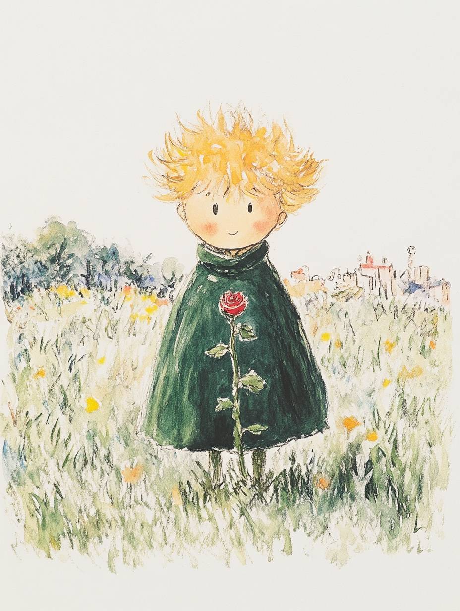 Le petit prince vit sur une planète solitaire et découvre une rose qui pousse seule dans l'herbe.