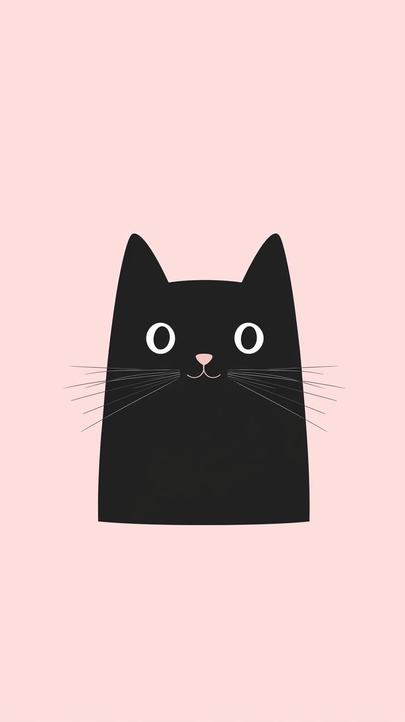 Un gato negro minimalista sobre un fondo rosa pastel, con formas simples y ojos adorables.