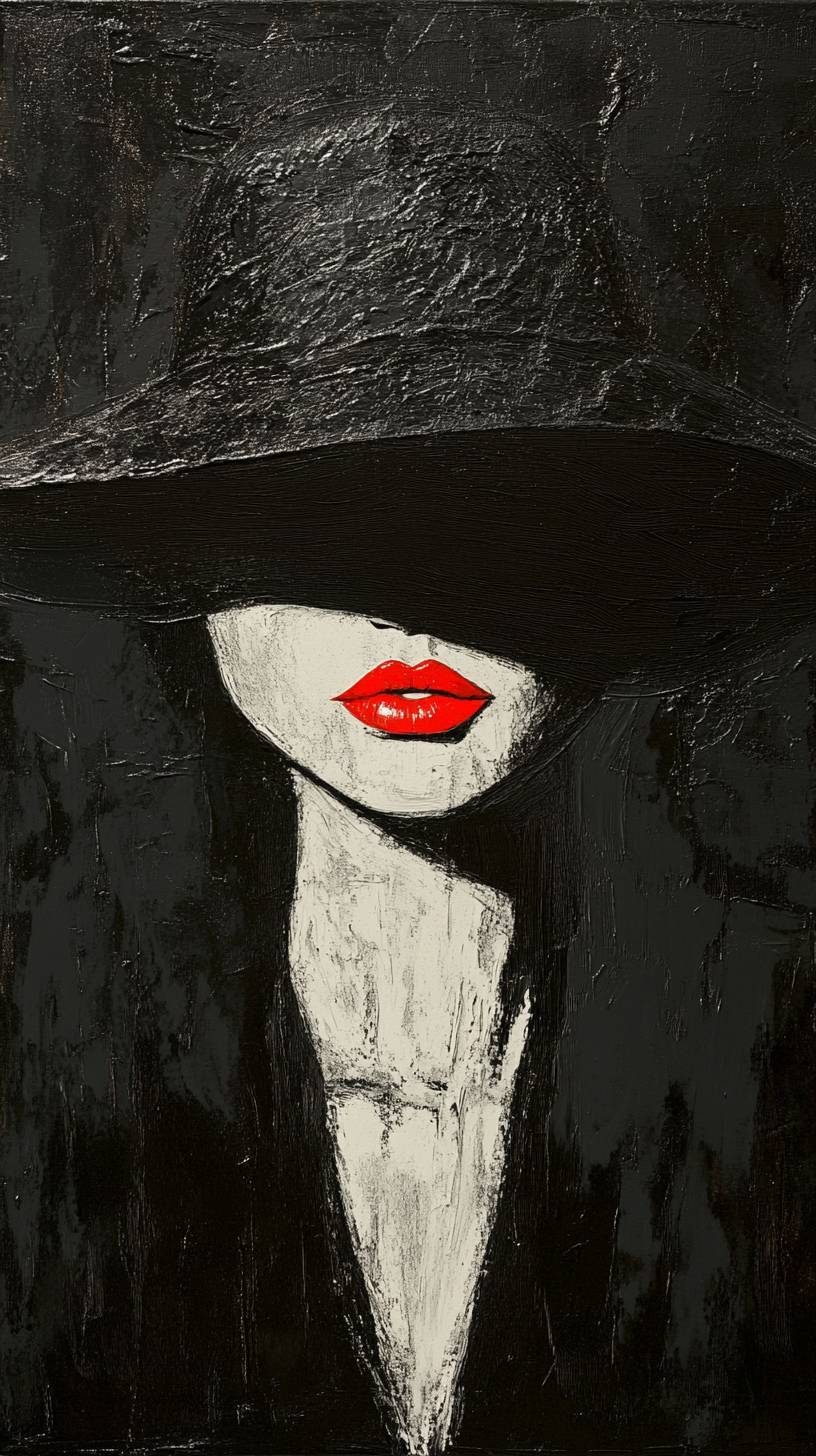 A woman with an unusual black hat and red lips on a black background.