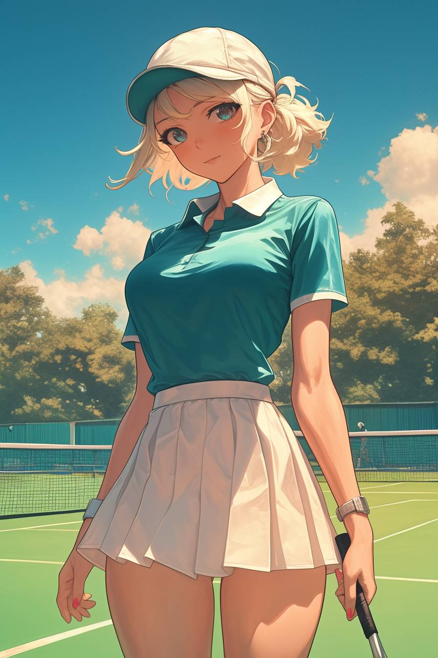 Fille d'anime inspirée par Kristen Bell avec une coupe pixie blonde, tenue décontractée sportive, jupe de tennis, polo, visière et baskets blanches sur un court de tennis.